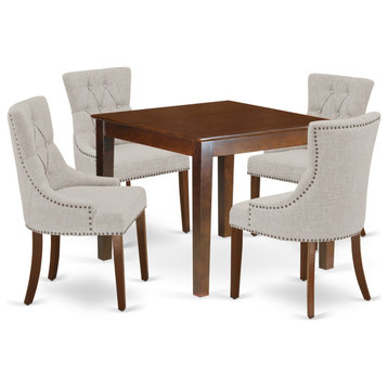 5Pc Dining Set, Square Table, Four Parson Chairs, Doeskin Fabric, Mahogany