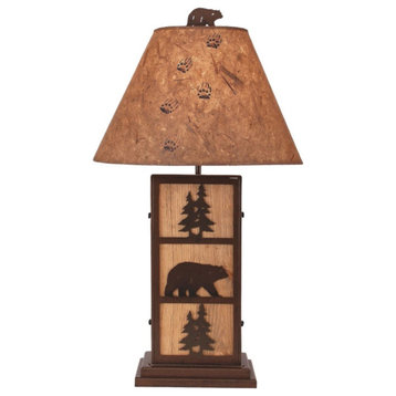 Woodland Iron and Stained Wood Table Lamp With Bear and Tree Accents