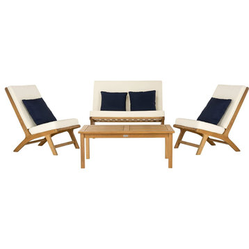 4 Piece Patio Set, Natural Frame & Cushioned Chairs With Pillows, Beige/Navy
