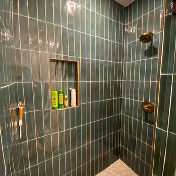 Custom tiled shower - green and gold