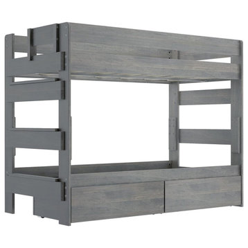 Farmhouse Bunk Bed, Pinewood Frame With 2 Storage Drawers, DriftWood, Twin/Twin