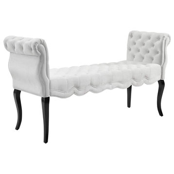 Mid Century Bench, Chesterfield Design With Tufted Velvet Seat and Arms, White