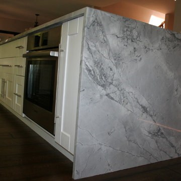 quartz waterfall island countertop