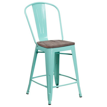 Flash Furniture 24" Metal Counter Stool in Mint Green and Wood Grain