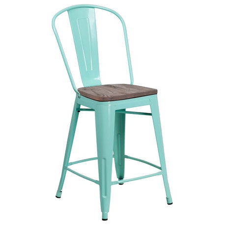 Flash Furniture 24" Metal Counter Stool in Mint Green and Wood Grain