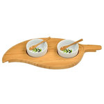 Picnic at Ascot - Two Bowl Leaf Serving Tray - Gracefull bamboo leaf serving tray with two olive motif serving bowls with small bamboo serving spoons. Attractive juice groove detail at edge.