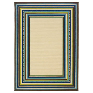 7' x 10' Ivory Mediterranean Blue and Lime Border Indoor Outdoor Area Rug