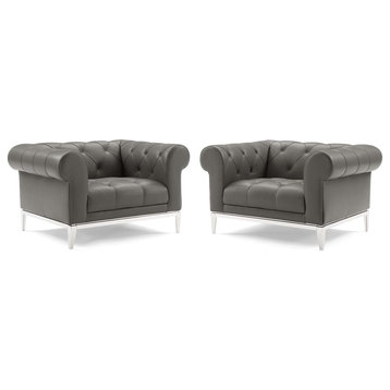 Tufted Armchair Accent Chair, Set of 2, Leather, Gray, Modern, Lounge