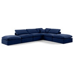 Meridian Furniture - Indulge Upholstered Modular U-Shaped Sectional, Navy, 6-Piece: 3 Armless Chair, 1 Corner Chair, 2 Ottoman, Down Stuffed Velvet - Experience ultimate comfort and style with our navy velvet Indulge Sectional. The luxurious velvet will elevate the aesthetic of any room. This sofa provides ample space for you to relax while its modular build offers the option of unlimited configurations. Whether you're looking to add a stylish element to your living room or a comfortable seating option to your bedroom, this sofa is the perfect choice.