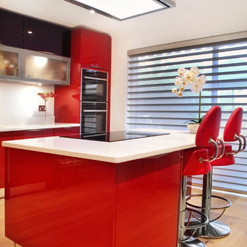 Contemporary high gloss red kitchen with island