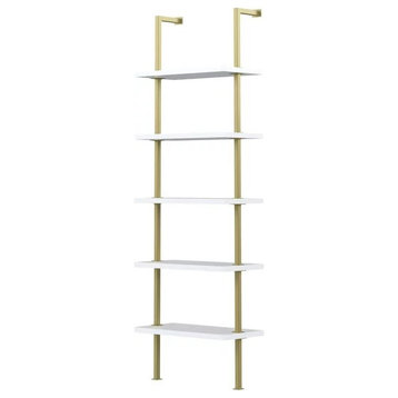 Industrial Ladder Bookcase, Metal Frame & 5 Wooden Shelves, White/Gold