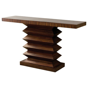 Modern Ribbed Zig Zag Wood Pedestal Console Table, Accordion Modern Sculpture