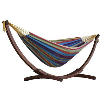 Double Cotton Hammock with Solid Pine Arc Stand, Tropical