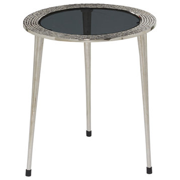 Round Silver Metal and Glass Side Table, 19"x21.7"