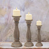 Wooden Candle Holder With Pillar Base Support, Distressed Brown, Set Of 3