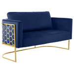 Meridian Furniture - Casa Velvet Upholstered Loveseat, Navy, Gold Finish - Bring modernity to the forefront with the addition of this Casa velvet chair. Destined to become the most-talked-about addition to your room, this eye-grabbing loveseat is an attention-getter from all angles. Its soft navy velvet upholstery is touchably soft and feels great against the skin, and its gold iron metal frame featuring a honeycomb pattern lends the chair an up-to-the-minute feel. Pair it with other items in the Casa collection for a streamlined look.
