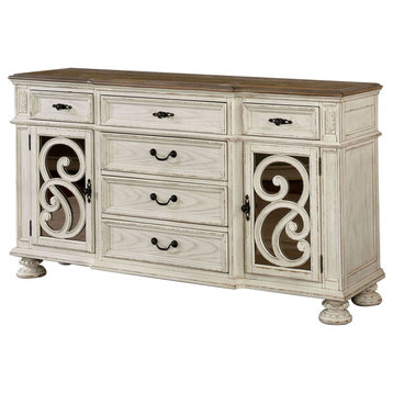 Benzara BM252370 Server With Intricate Wood Inlay Details, Antique White
