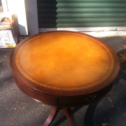 Vintage Round Leather Top End Table - Products