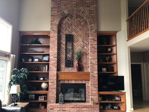 Ideas For Brick Fireplace And Oak Built In Cabinets