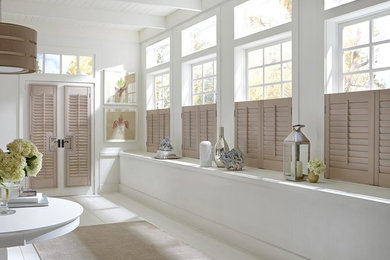Large contemporary master bathroom in Boston with white walls.