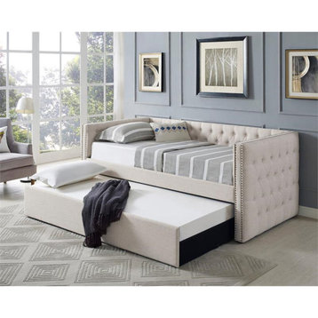 Bowery Hill Tufted Fabric with Nailhead Twin Daybed and Trundle in Trina Beige