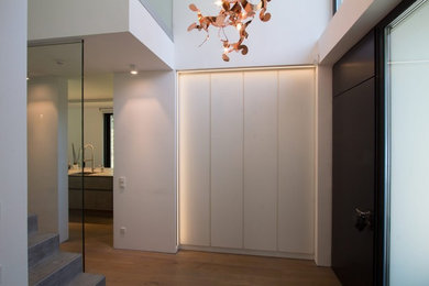 This is an example of a large contemporary foyer in Hamburg with white walls, light hardwood floors, a single front door, a black front door and brown floor.