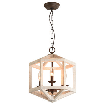 3 - Light Candle Style Geometric chandelier with Wood Accents, White