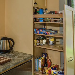 На фото: маленькие параллельные кухни-гостиные в классическом стиле с врезной раковиной, фасадами с утопленной филенкой, бежевыми фасадами, столешницей из гранита, техникой из нержавеющей стали и ковровым покрытием