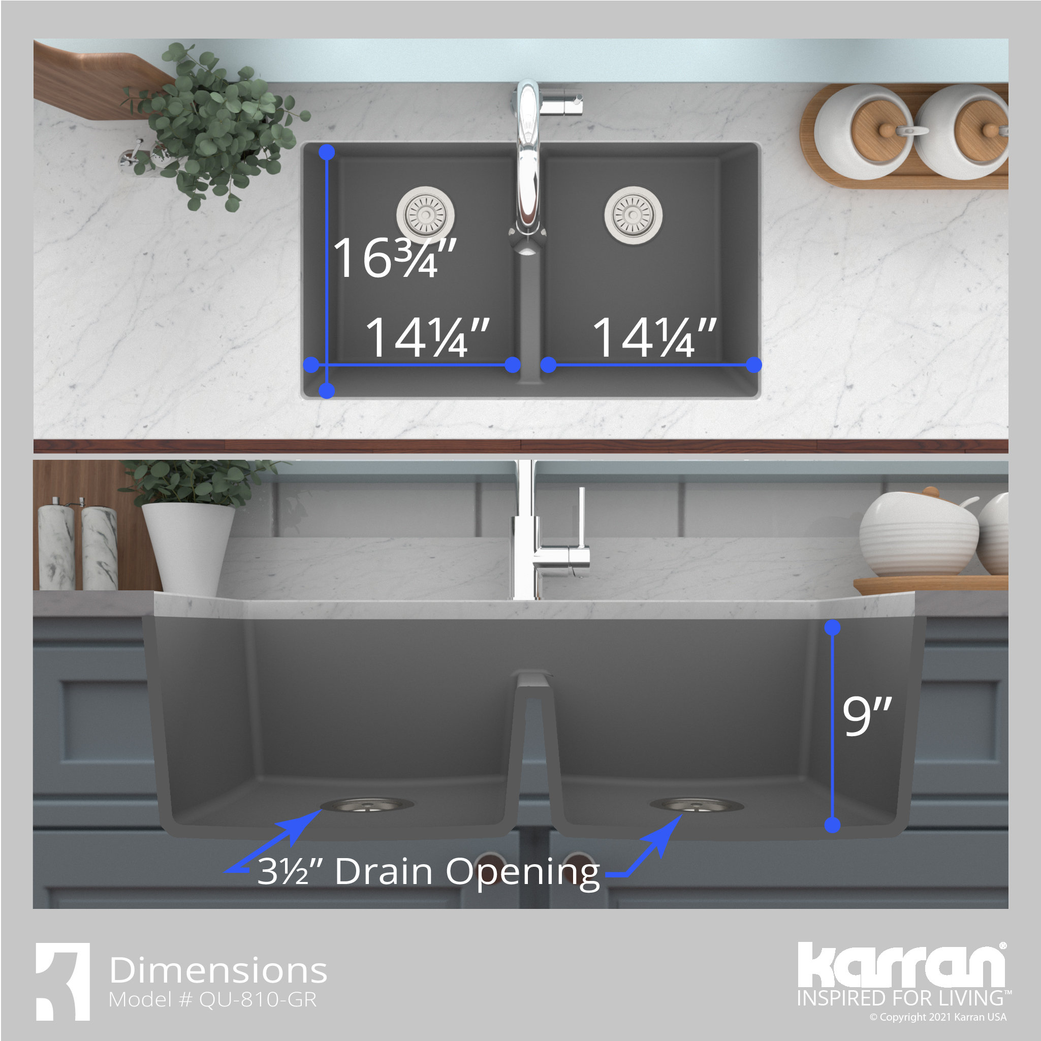 Karran 32" Undermount Double Bowl 50/50 Quartz Kitchen Sink Kit, Grey