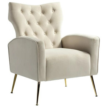 Elegant Accent Chair, Golden Legs With Velvet Seat and Tufted Wingback, Tan
