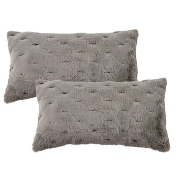 Jacquard Rabbit Faux Fur Pillow Cover 2 Piece Set, Grey, 14" X 26"