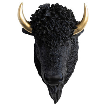 Faux Taxidermy Bison Head Wall Mount, Black and Gold