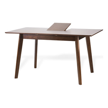 Extendable Rectangular Dining Room Table Modern Solid Wood, Medium Brown