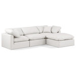 Meridian Furniture - Indulge Upholstered Modular L-Shaped Sectional, Cream, 4-Piece: 1 Armless Chair, 2 Corner Chair, 1 Ottoman, Fiber Stuffed Vegan Leather - Experience ultimate comfort and style with our cream vegan leather Indulge Sectional. The luxurious vegan leather will elevate the aesthetic of any room. This sofa provides ample space for you to relax while its modular build offers the option of unlimited configurations. Whether you're looking to add a stylish element to your living room or a comfortable seating option to your bedroom, this sofa is the perfect choice.