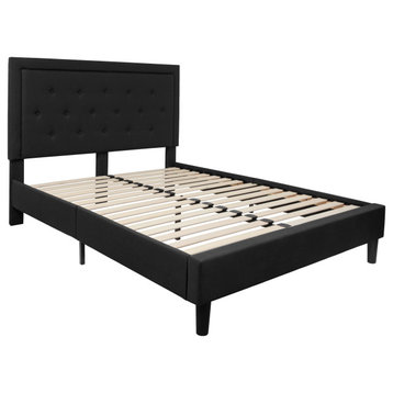 Queen Size Upholstered Platform Bed in Black Fabric - No Box Spring Required