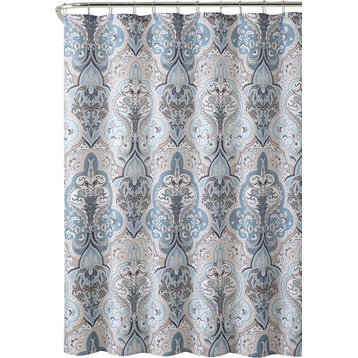 Calais Blue Brown White Damask Dobby Fabric Shower Curtain
