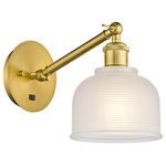 Innovations Lighting - Innovations 317-1W-SG-G411 1-Light Sconce, Satin Gold - Innovations 317-1W-SG-G411 1-Light Sconce Satin Gold. Collection: Ballston. Style: Industrial, Modern Contempo, Restoration-Vintage, Transitional. Metal Finish: Satin Gold. Metal Finish (Canopy/Backplate): Satin Gold. Material: Steel, Cast Brass, Glass. Dimension(in): 12. 25(H) x 5. 5(W) x 12. 75(Ext). Bulb: (1)60W Medium Base,Dimmable(Not Included). Maximum Wattage Per Socket: 100. Voltage: 120. Color Temperature (Kelvin): 2200. CRI: 99. 9. Lumens: 220. Glass Shade Description: White Dayton. Glass or Metal Shade Color: White. Shade Material: Glass. Glass Type: Frosted. Shade Shape: Dome. Shade Dimension(in): 5. 5(W) x 5. 5(H). Fitter Measurement (Glass Or Metal Shade Fitter Size): Neckless with a 2. 125 inch Hole. Backplate Dimension(in): 5. 3(Dia) x 0. 75(Depth). ADA Compliant: No. California Proposition 65 Warning Required: Yes. UL and ETL Certification: Damp Location.