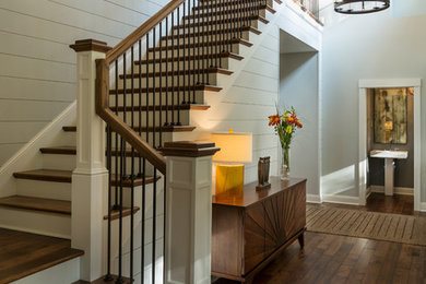 Staircase - mid-sized transitional wooden l-shaped mixed material railing staircase idea in Minneapolis with painted risers