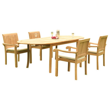 5-Piece Outdoor Teak Dining Set: 94" Oval Extn Table, 4 Nain Stacking Arm Chairs