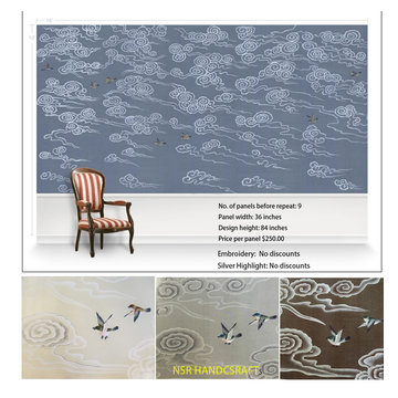 Chinoiserie wallpaper Birds in Clouds- Hand-painted on dyed silk