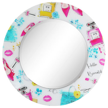 "Beautiful" Round Beveled Wall Mirror on Floating Printed Tempered Art Glass