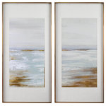 Uttermost - Uttermost Coastline 28 x 58" Framed Prints Set of 2, Gold - These Refined Coastal Prints Are An Abstract Take On A Waterfront Scene. Light Blue And Gray Tones Are Highlighted By Rust Brown And Gold Accents. Each Image Is Placed Under Glass With A Brushed Gold Frame And Large White Mat. Artwork By Eva Watts.