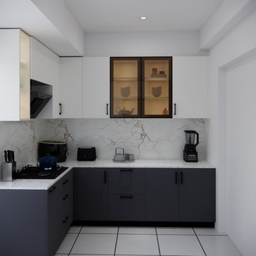 Sleek Kitchen Interior with Glass Display