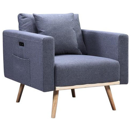 Easton Dark Gray Linen Fabric Chair With Usb Charging Ports Pockets & Pillows