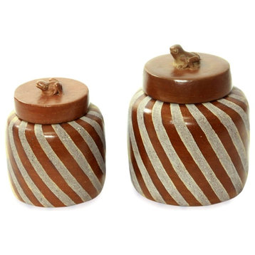 Lucky Frogs, Brown Ceramic Jars, 2-Piece Set