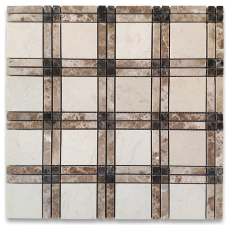 Crema Marfil Marble Plaid Tartan Mosaic Tile Emperador Dark Polished, 1 sheet