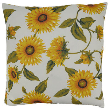 Poly Filled Throw Pillow With Sunflower Design, 18"x18", Yellow