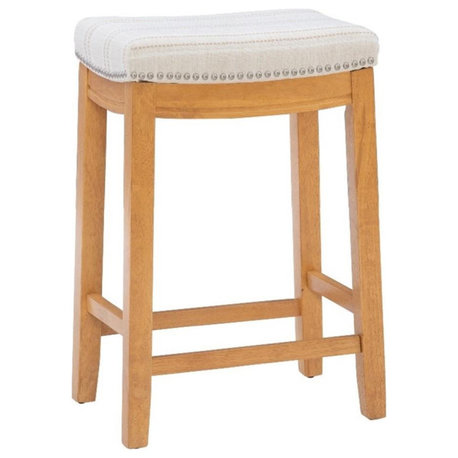 Linon Claridge Backless Counter Stool Striped Padded Seat Wood Frame in Brown