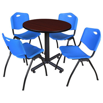 Kobe 30" Round Breakroom Table- Mahogany & 4 'M' Stack Chairs- Blue