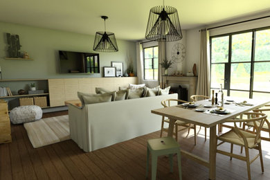 Inspiration pour une salle de séjour rustique de taille moyenne avec un mur beige, un sol en bois brun et un téléviseur fixé au mur.